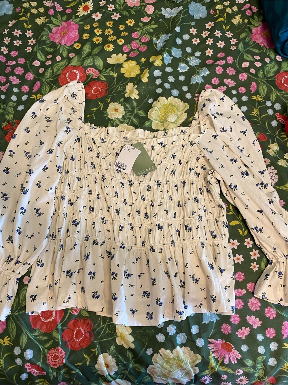 H&M Cream Smocked Peplum Top with Blue Floral Print